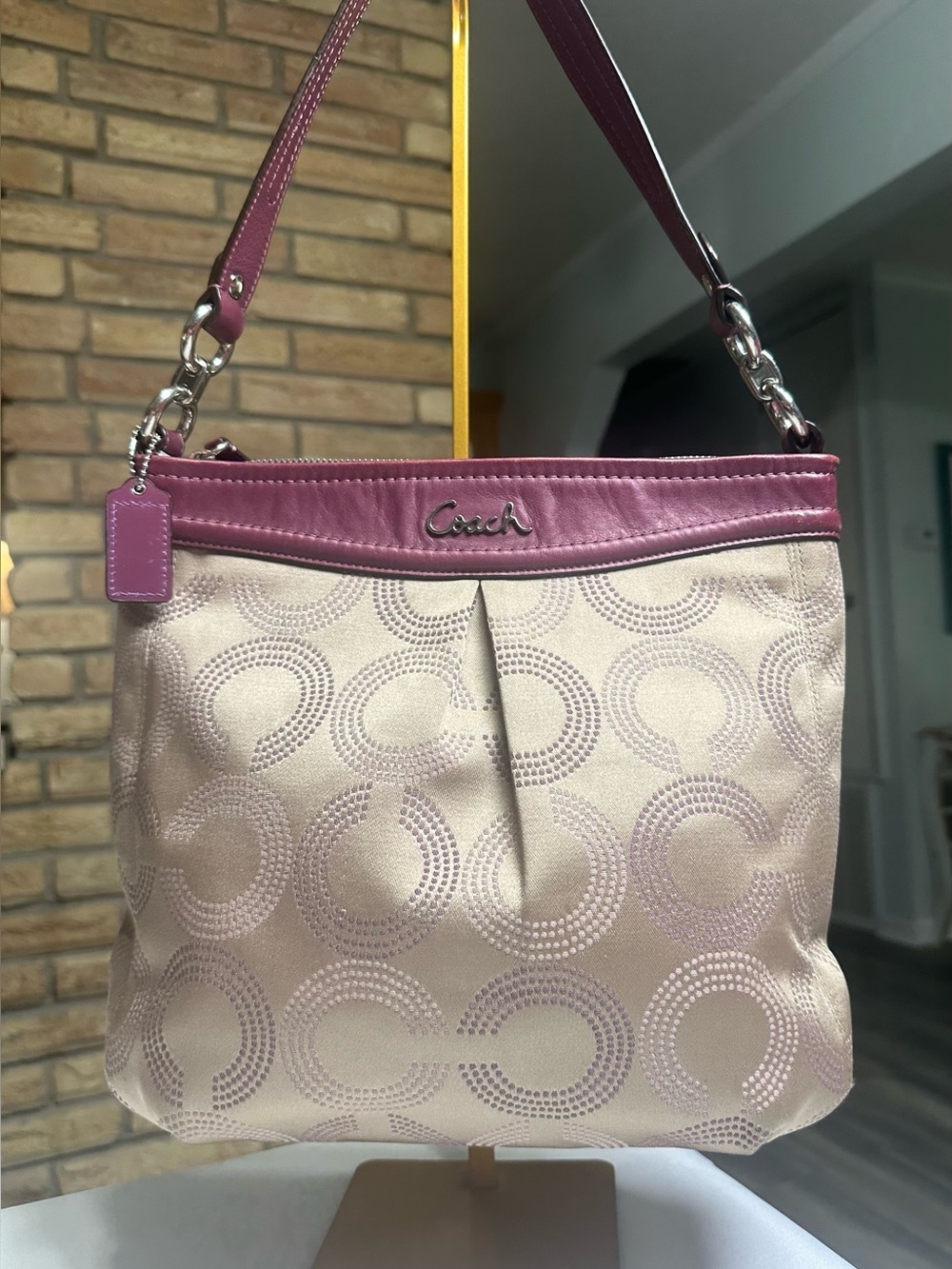 Coach Ashley Maroon and Taupe Shoulder Bag